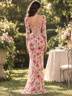 Vintage Romantic Floral Cowl Neck Long Evening Maxi Dress