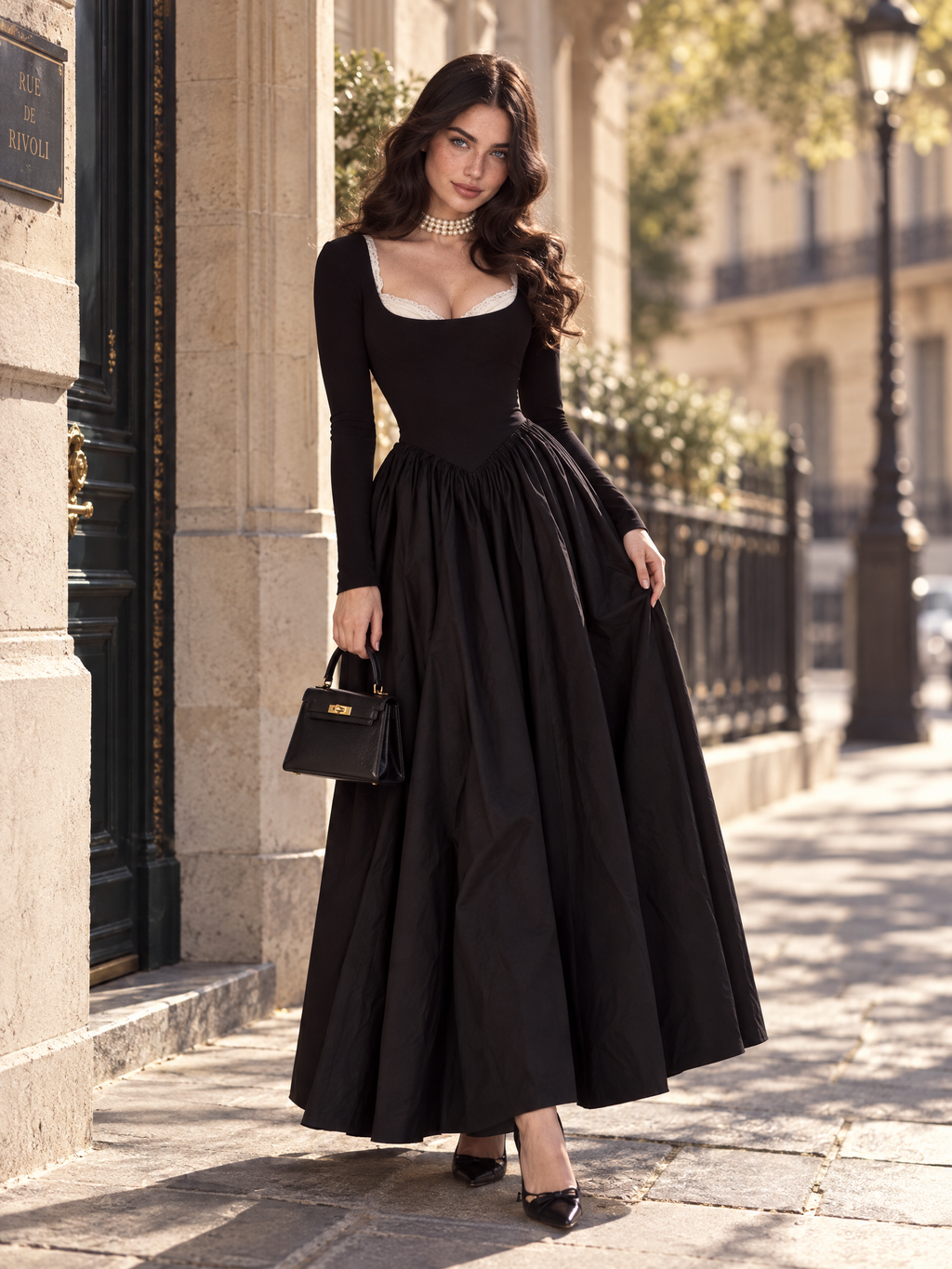 Vintage Hepburn Style Square Neck Waist Slimming Evening Maxi Dress