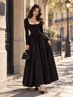 Vintage Hepburn Style Square Neck Waist Slimming Evening Maxi Dress