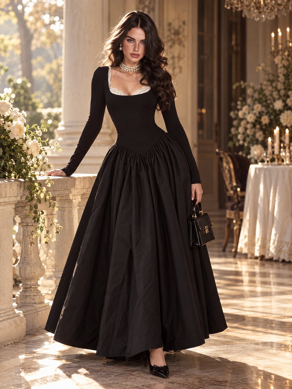 Vintage Hepburn Style Square Neck Waist Slimming Evening Maxi Dress