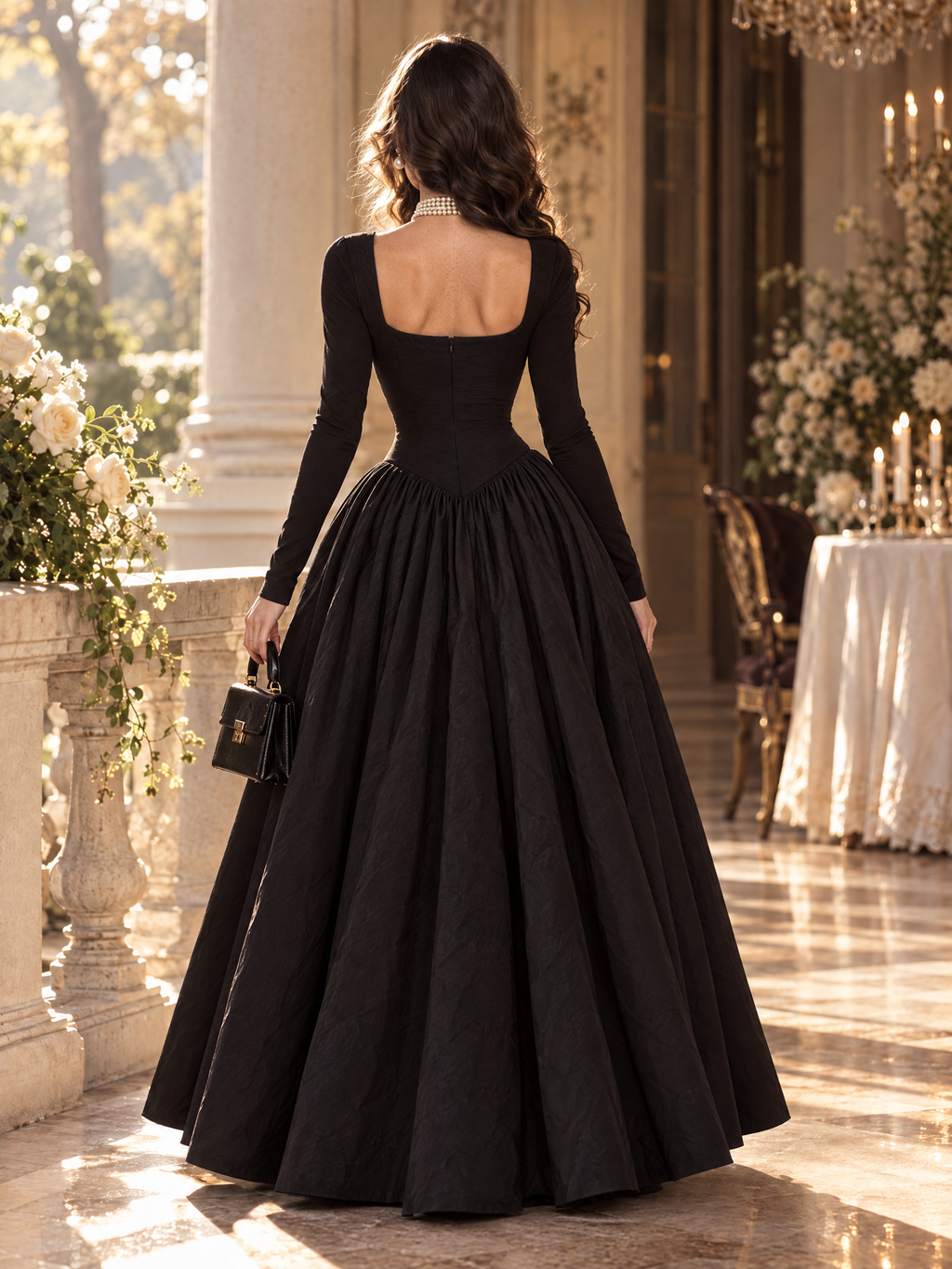 Vintage Hepburn Style Square Neck Waist Slimming Evening Maxi Dress