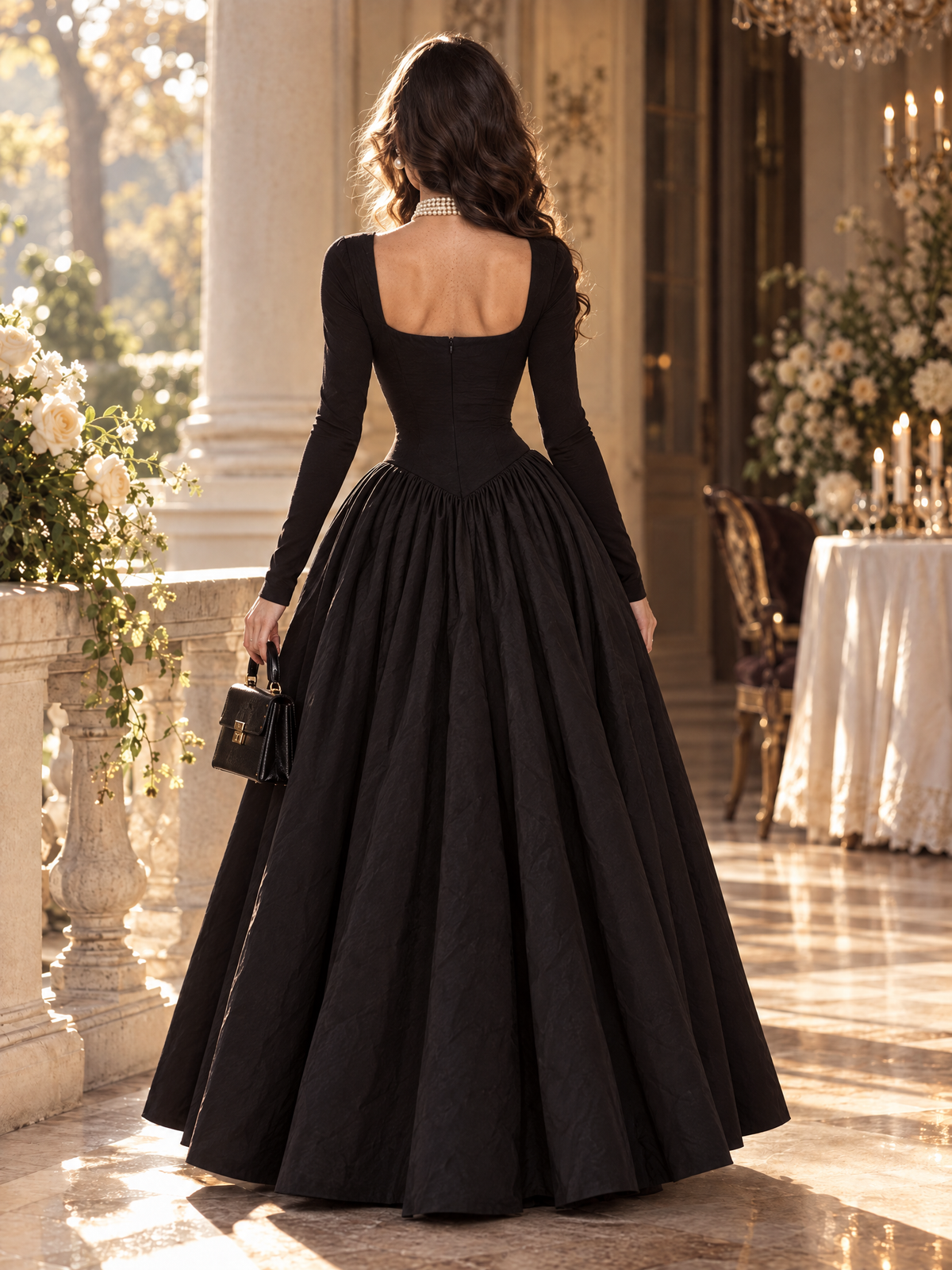 Vintage Hepburn Style Square Neck Waist Slimming Evening Maxi Dress