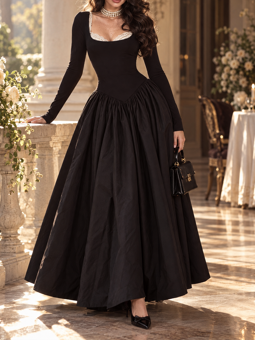 Vintage Hepburn Style Square Neck Waist Slimming Evening Maxi Dress