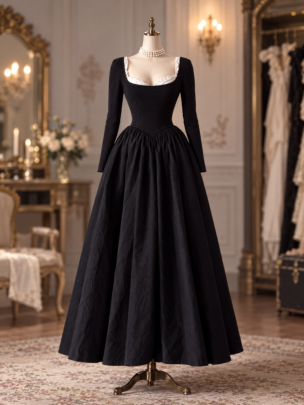 Vintage Hepburn Style Square Neck Waist Slimming Evening Maxi Dress