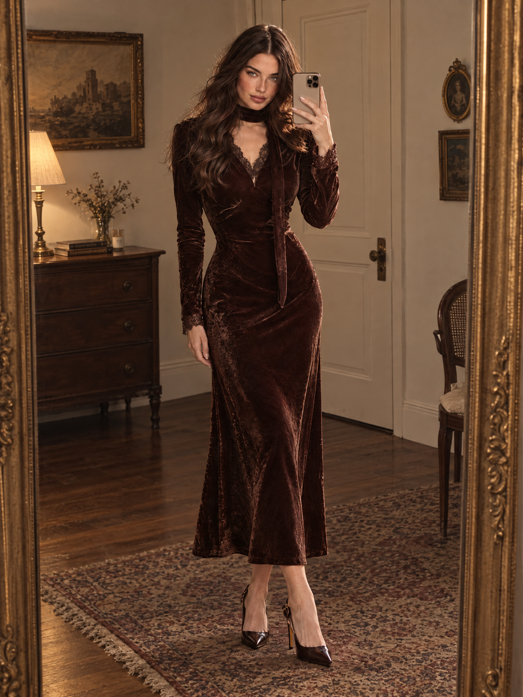 Vintage Velvet Lace Panel V-neck Ribbon Elegant Midi Dress