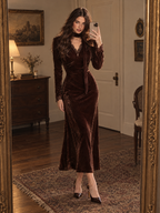 Vintage Velvet Lace Panel V-neck Ribbon Elegant Midi Dress