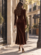 Vintage Velvet Lace Panel V-neck Ribbon Elegant Midi Dress