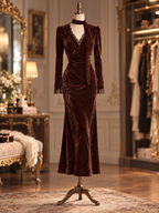 Vintage Velvet Lace Panel V-neck Ribbon Elegant Midi Dress