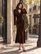 Vintage Velvet Lace Panel V-neck Ribbon Elegant Midi Dress