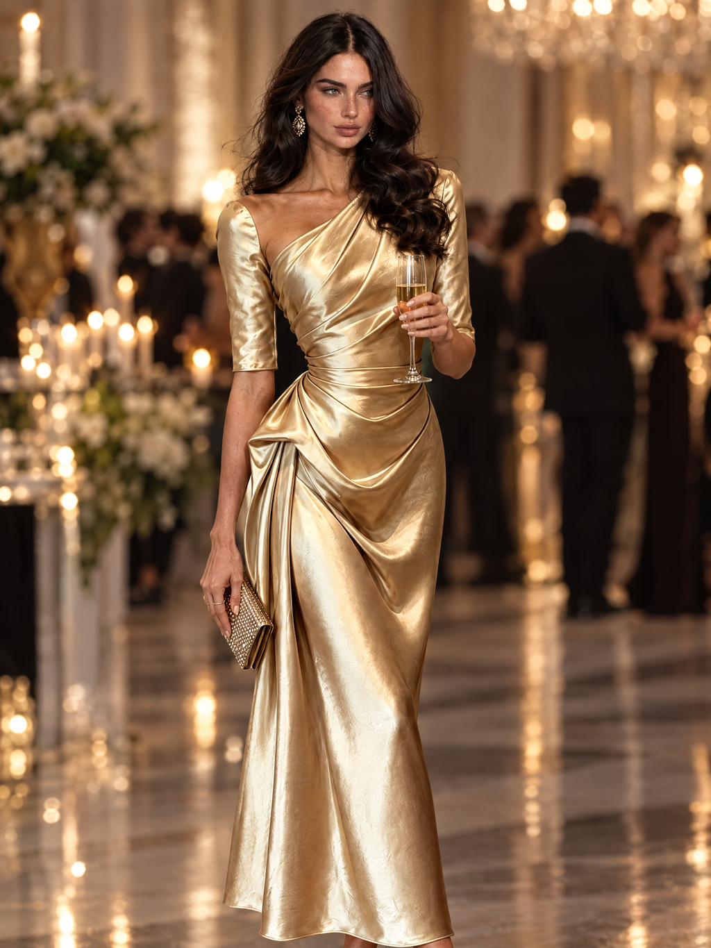Gold Satin One Shoulder Draped Detail Evening Midi Dress