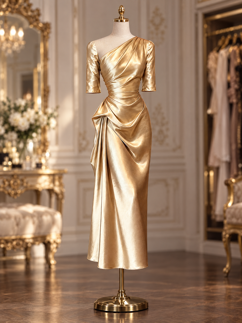 Gold Satin One Shoulder Draped Detail Evening Midi Dress