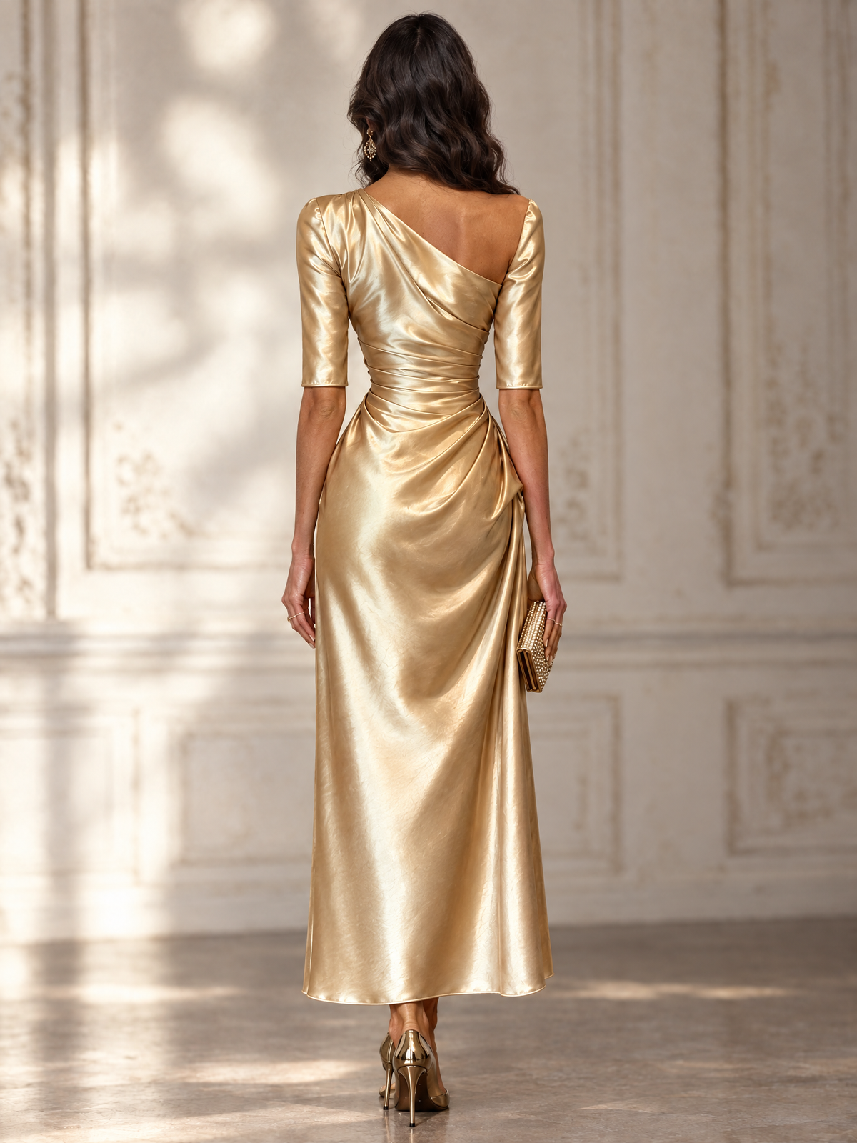 Gold Satin One Shoulder Draped Detail Evening Midi Dress