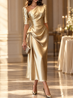 Gold Satin One Shoulder Draped Detail Evening Midi Dress
