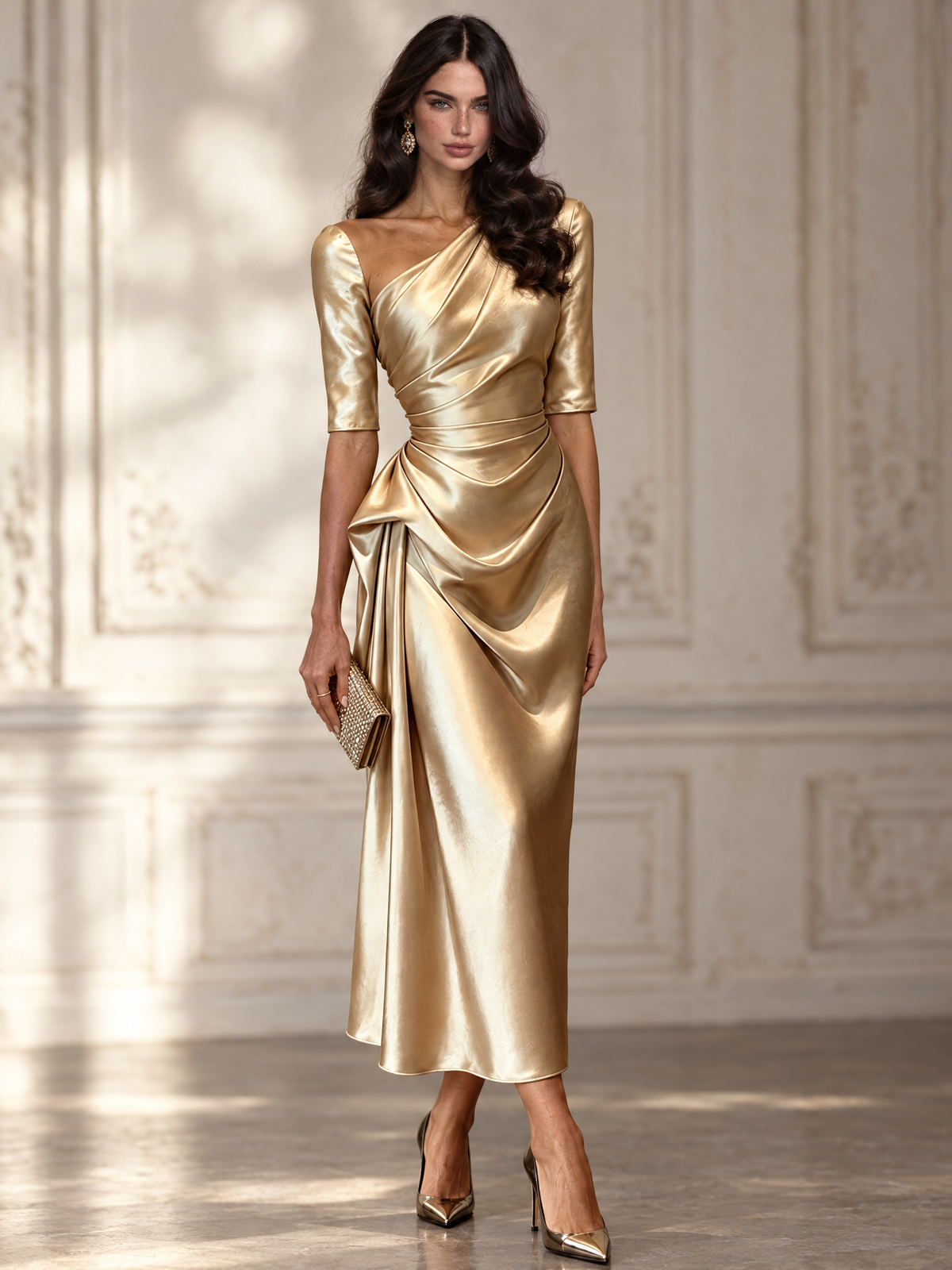 Gold Satin One Shoulder Draped Detail Evening Midi Dress
