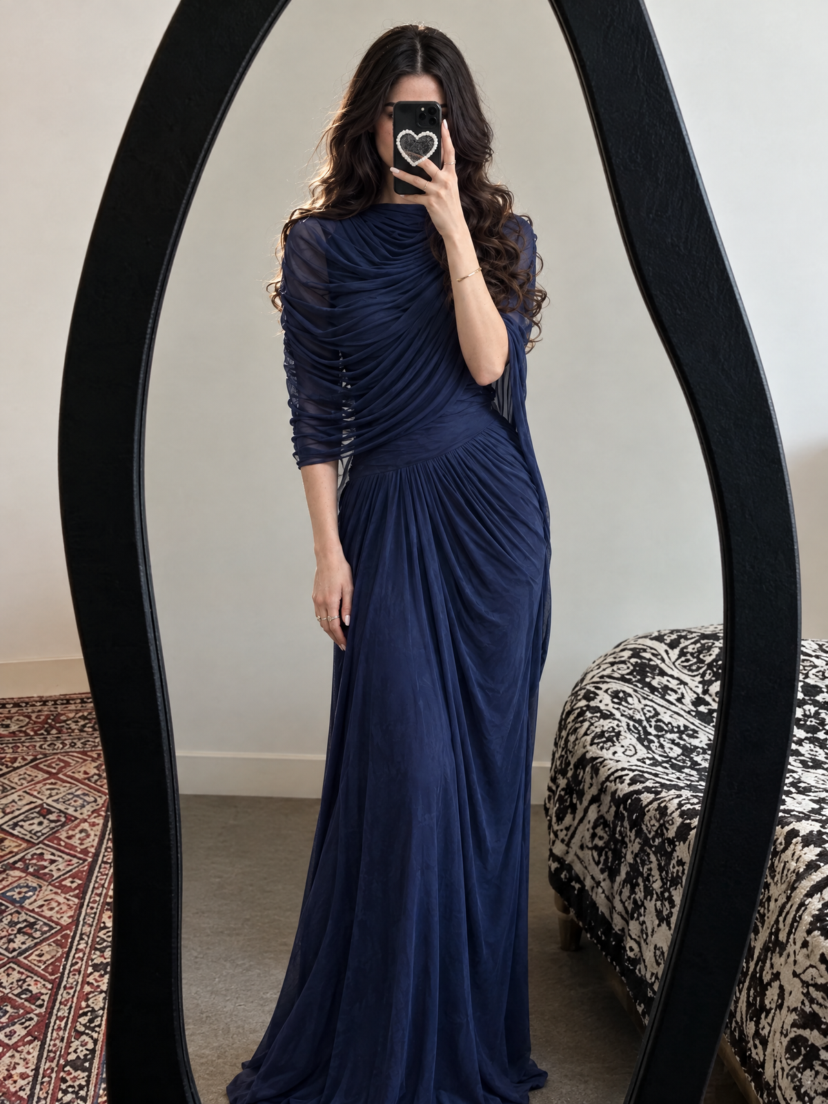 Vintage Navy Chiffon Draped High Neck Evening Maxi Dress