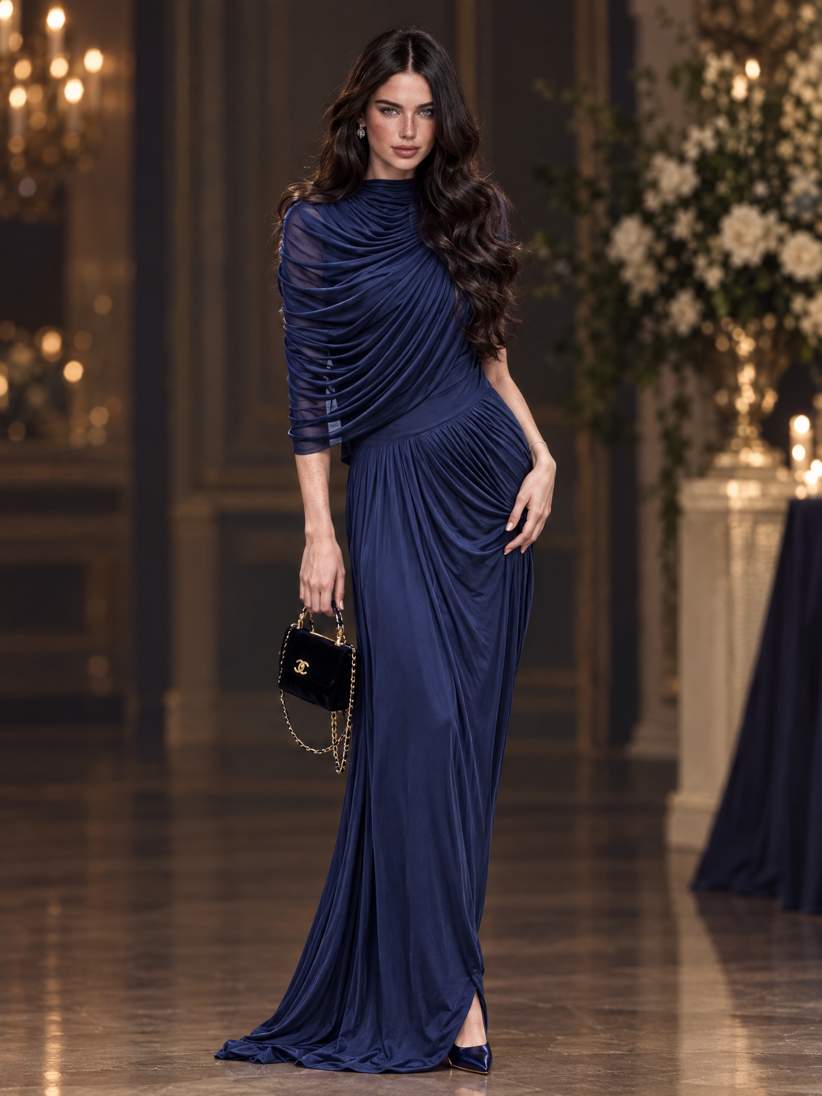 Vintage Navy Chiffon Draped High Neck Evening Maxi Dress