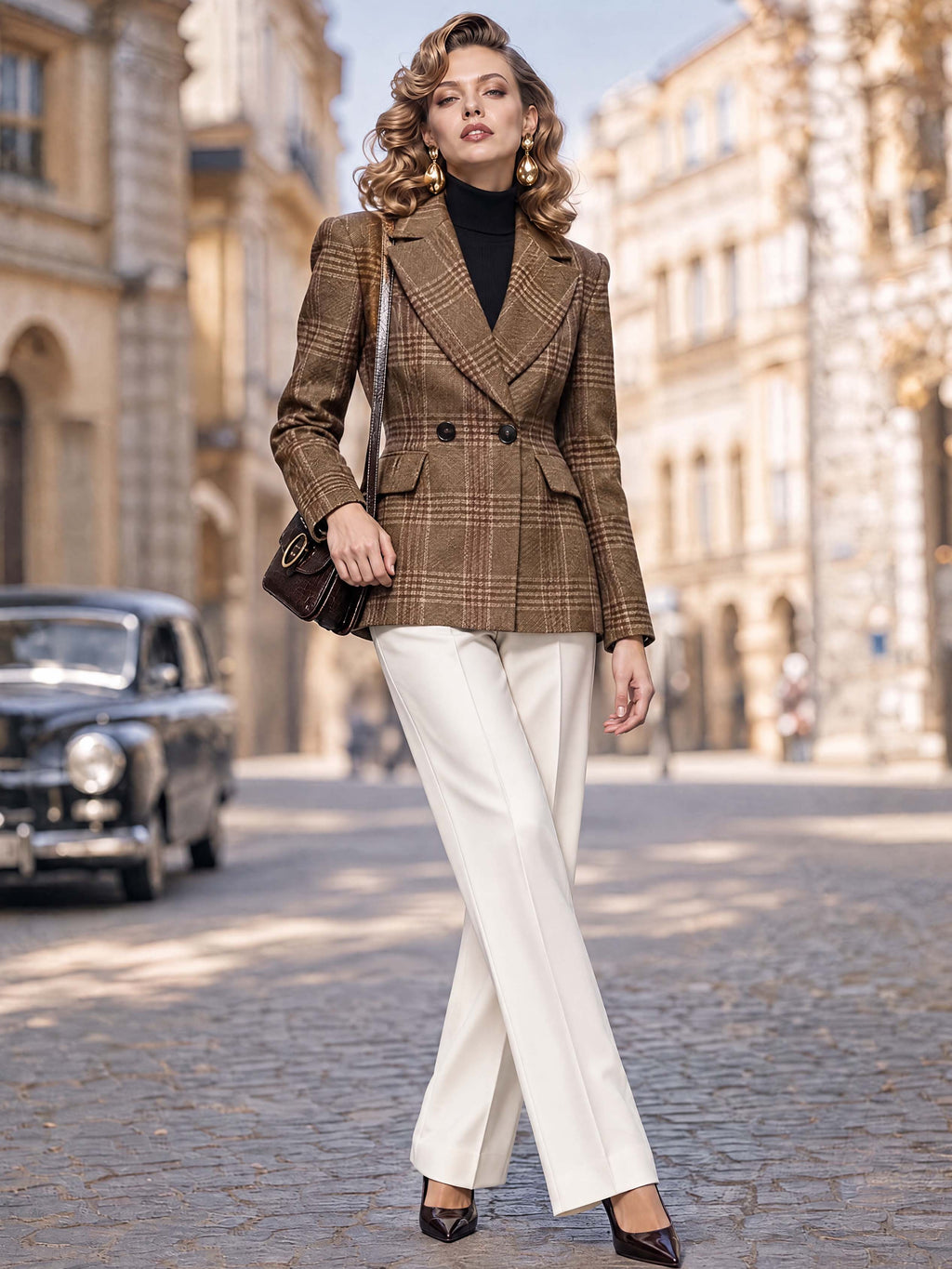 Retro Plaid Fitted Blazer Jacket