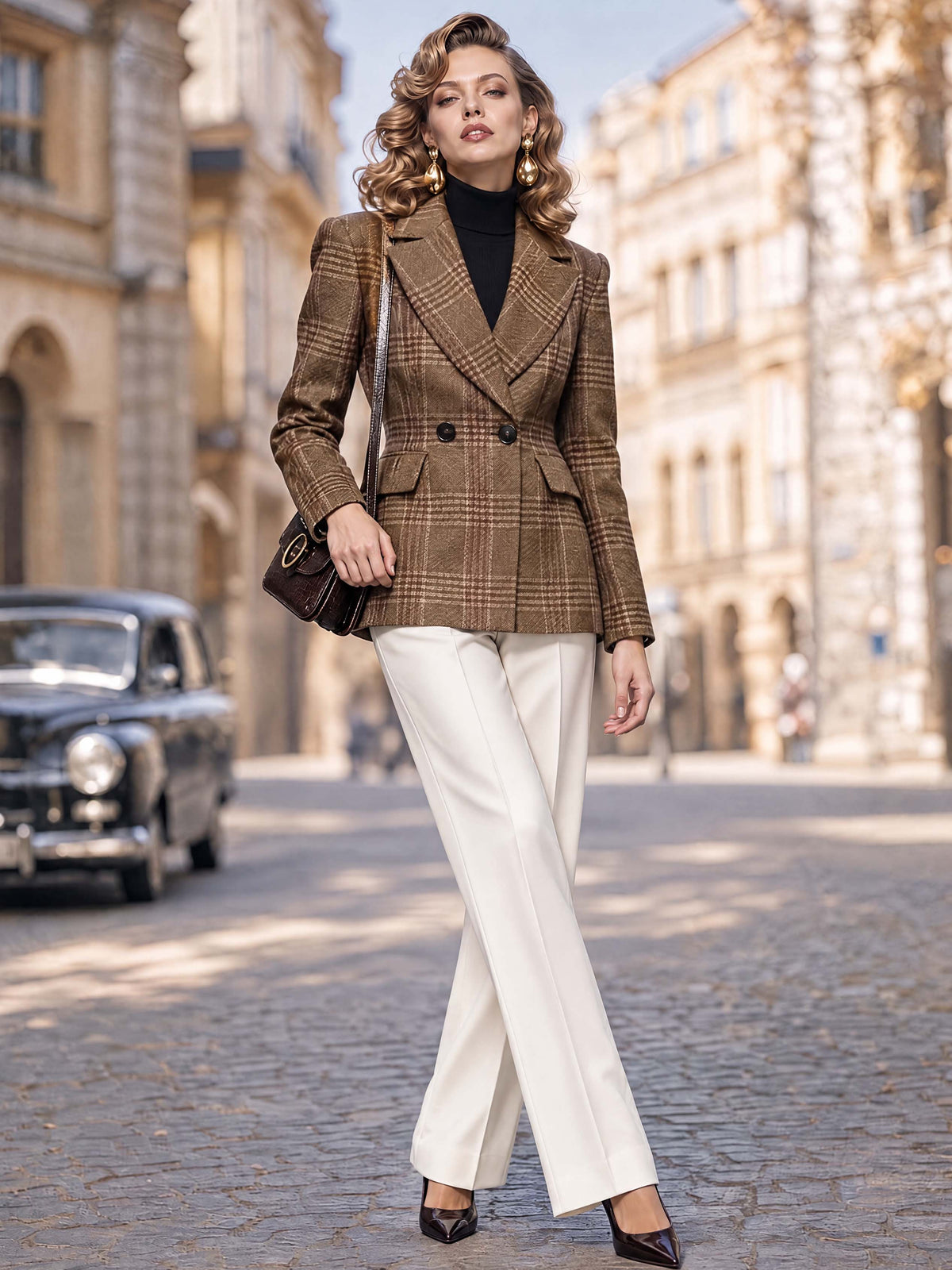 Retro Plaid Fitted Blazer Jacket
