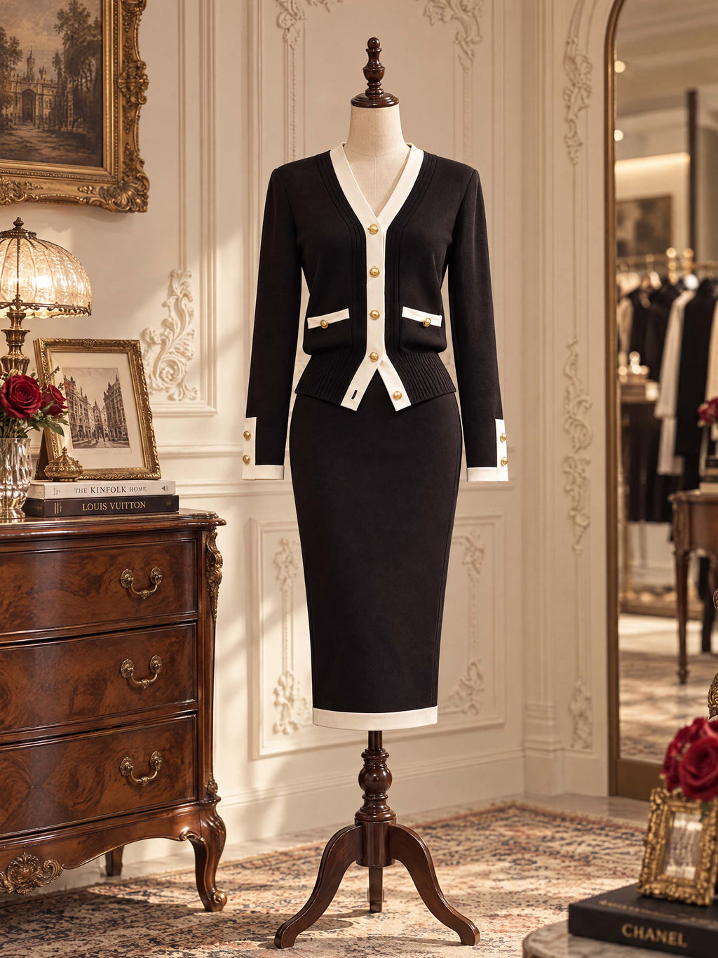 Retro Contrast Trim Knit Midi Pencil Skirt