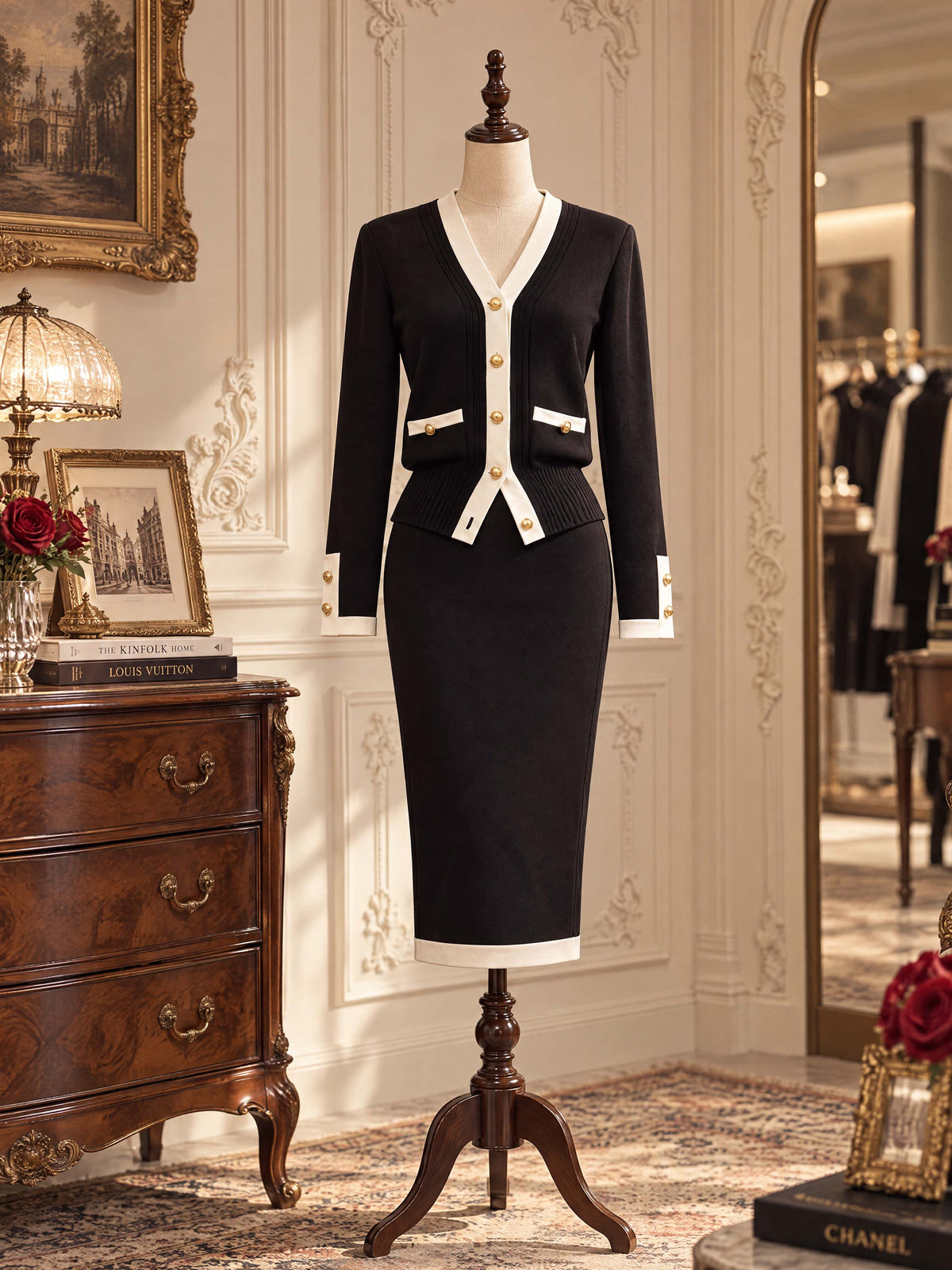 Retro Contrast Trim Knit Midi Pencil Skirt