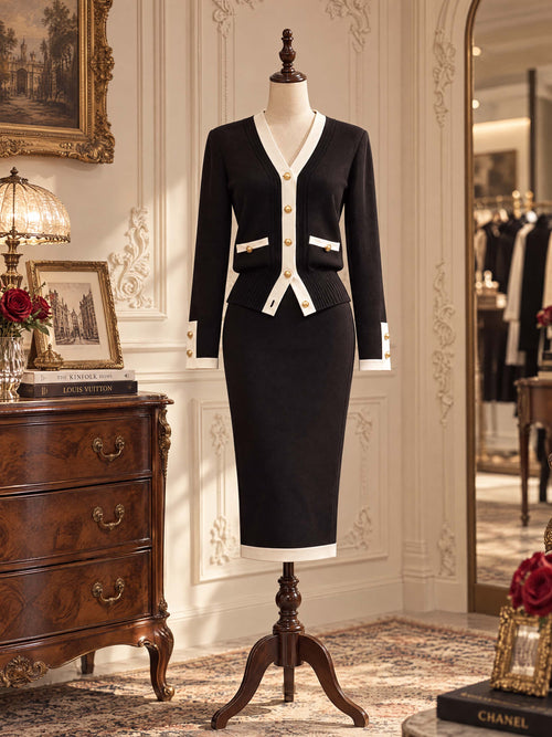 Retro Contrast Trim Knit Midi Pencil Skirt