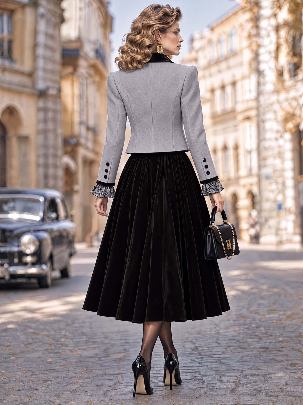 Retro Velvet Lapel Button Detail Short Coat