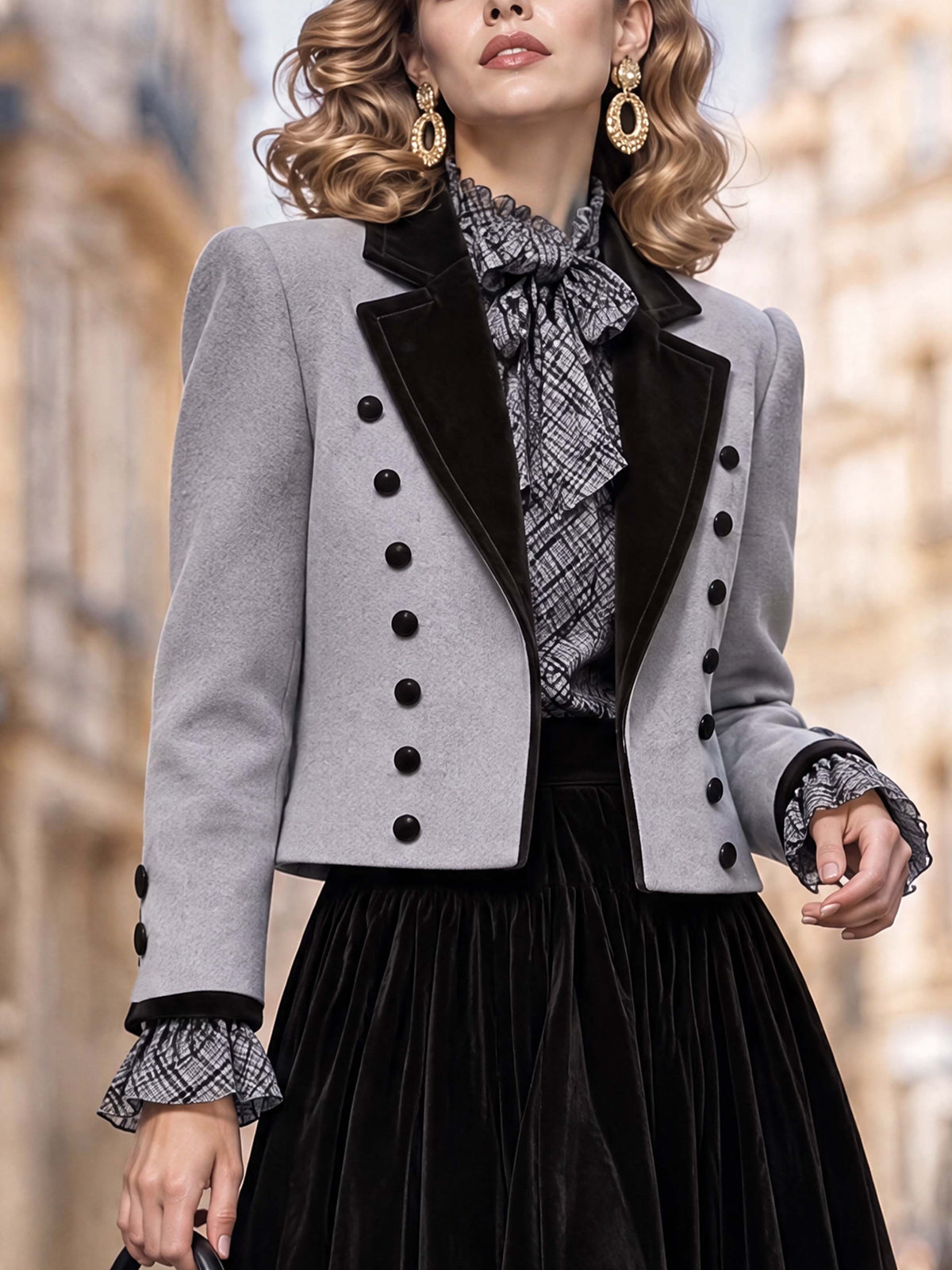 Retro Velvet Lapel Button Detail Short Coat