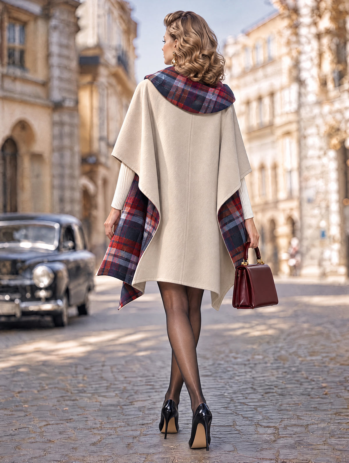 Retro Plaid Reversible Cape Coat