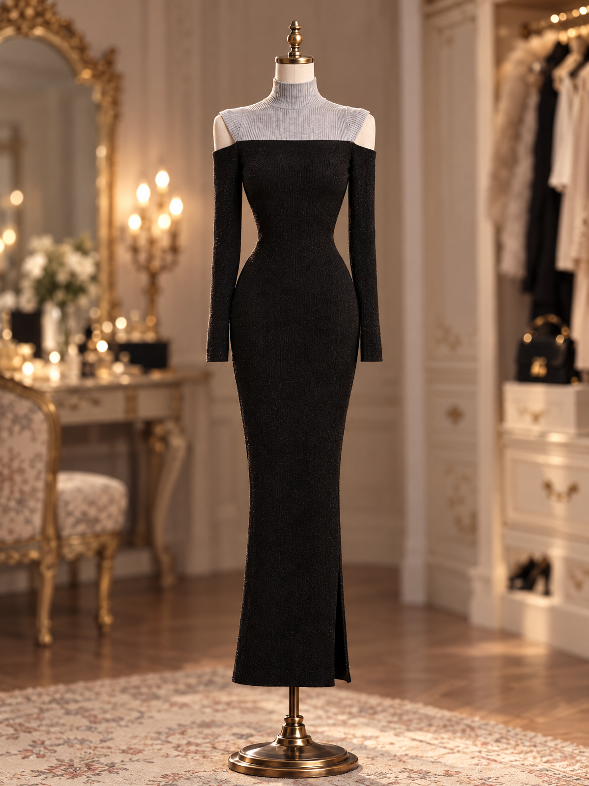 Vintage Color Block Knit Cold Shoulder Long Sleeve Midi Dress