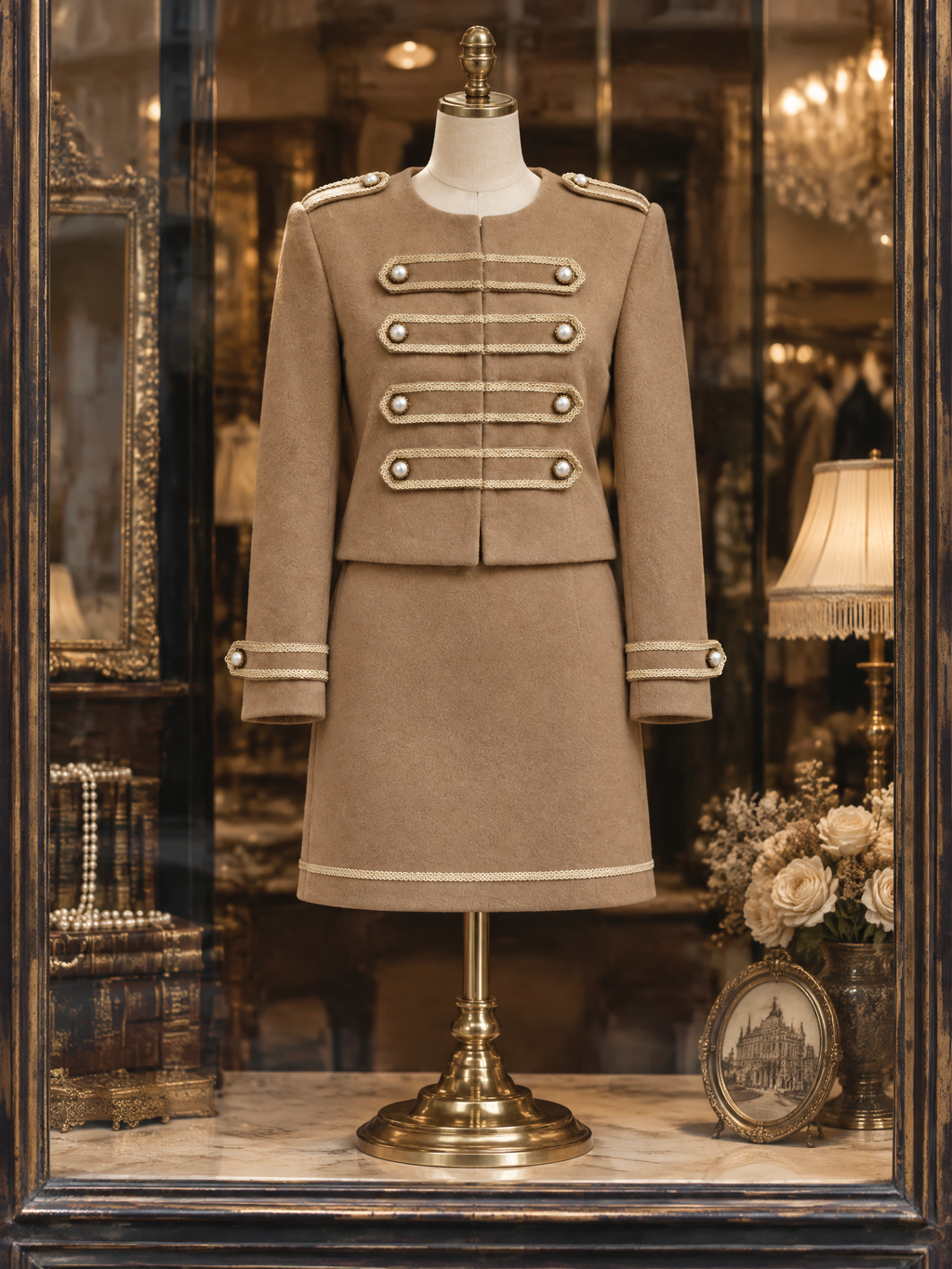 Vintage Double Breasted Round Neck Woolen Blazer & Skirt Set