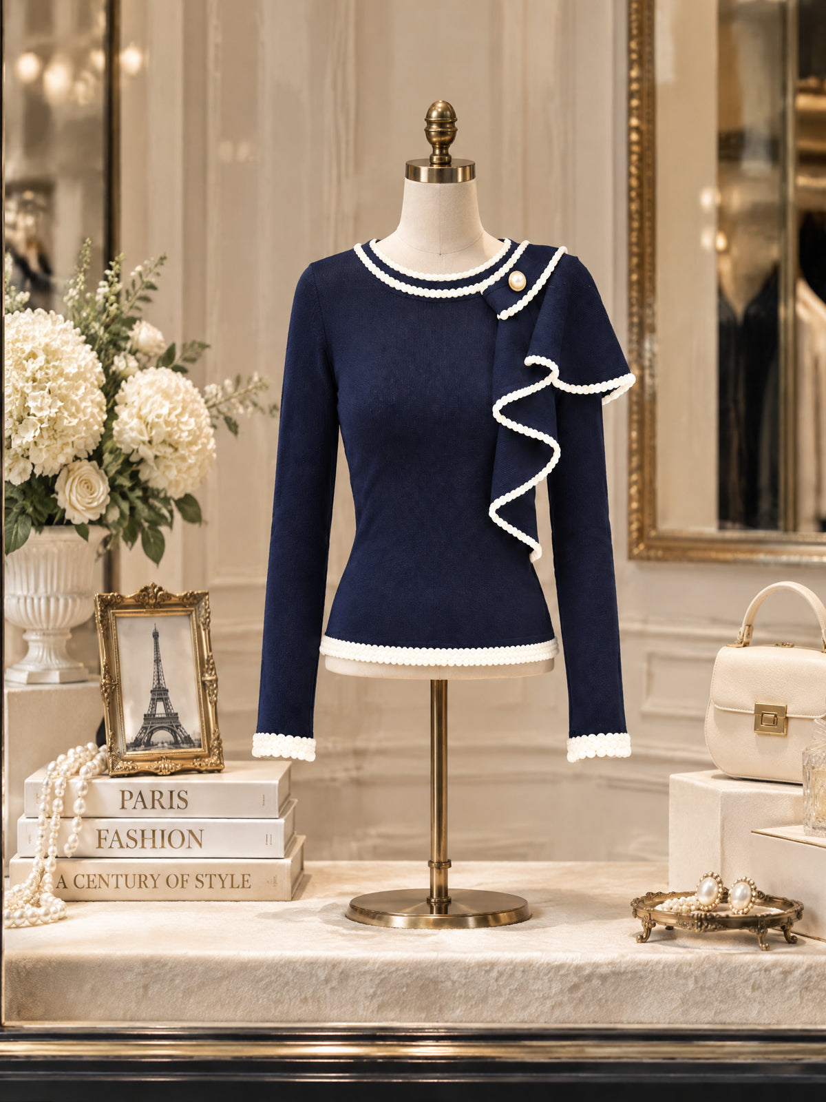 Vintage Pearl-Trim Ruffle Fitted Sweater