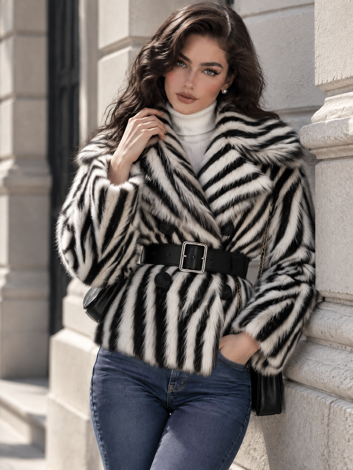 Vintage Zebra Print Faux Fur Lapel Coat
