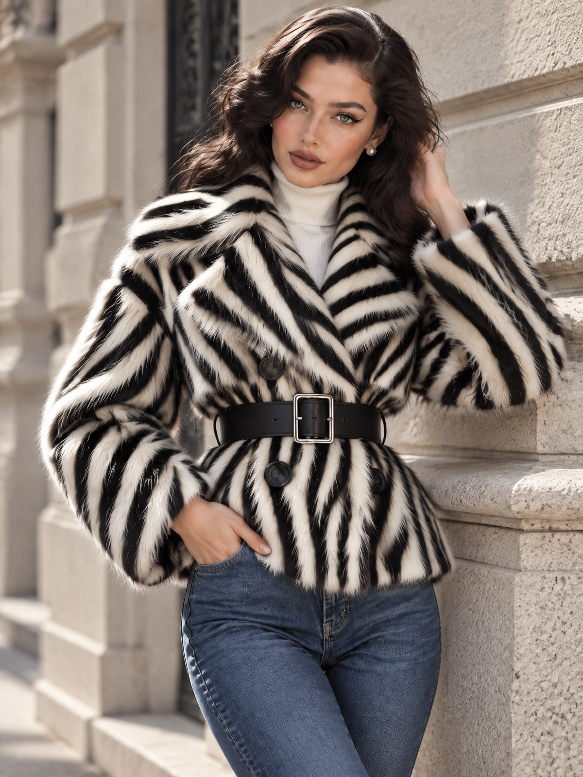 Vintage Zebra Print Faux Fur Lapel Coat