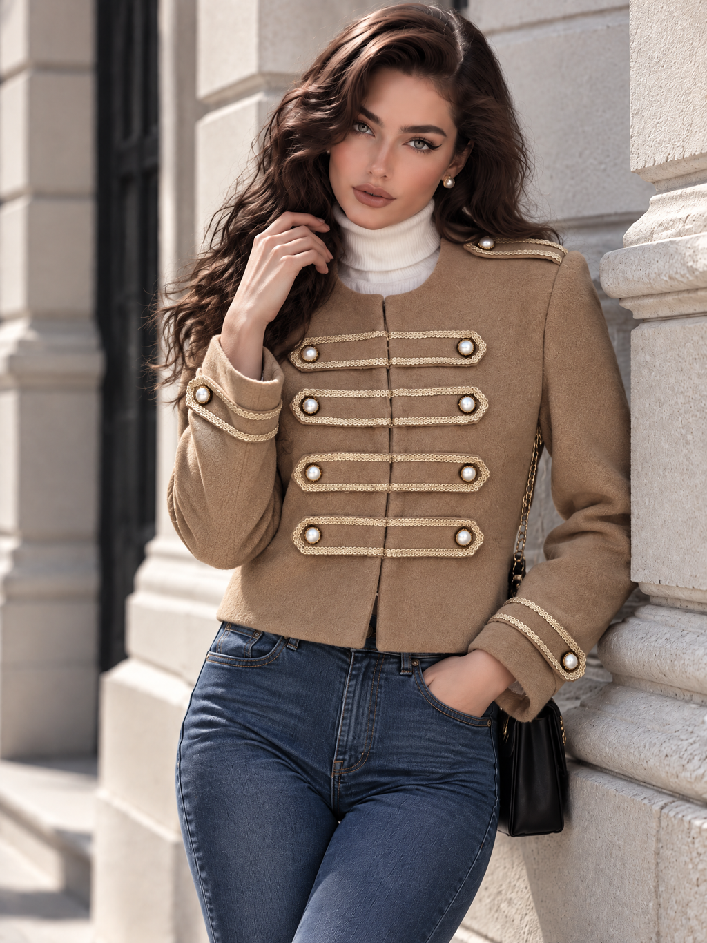 Vintage Double Breasted Epaulet Round Neck Blazer Coat