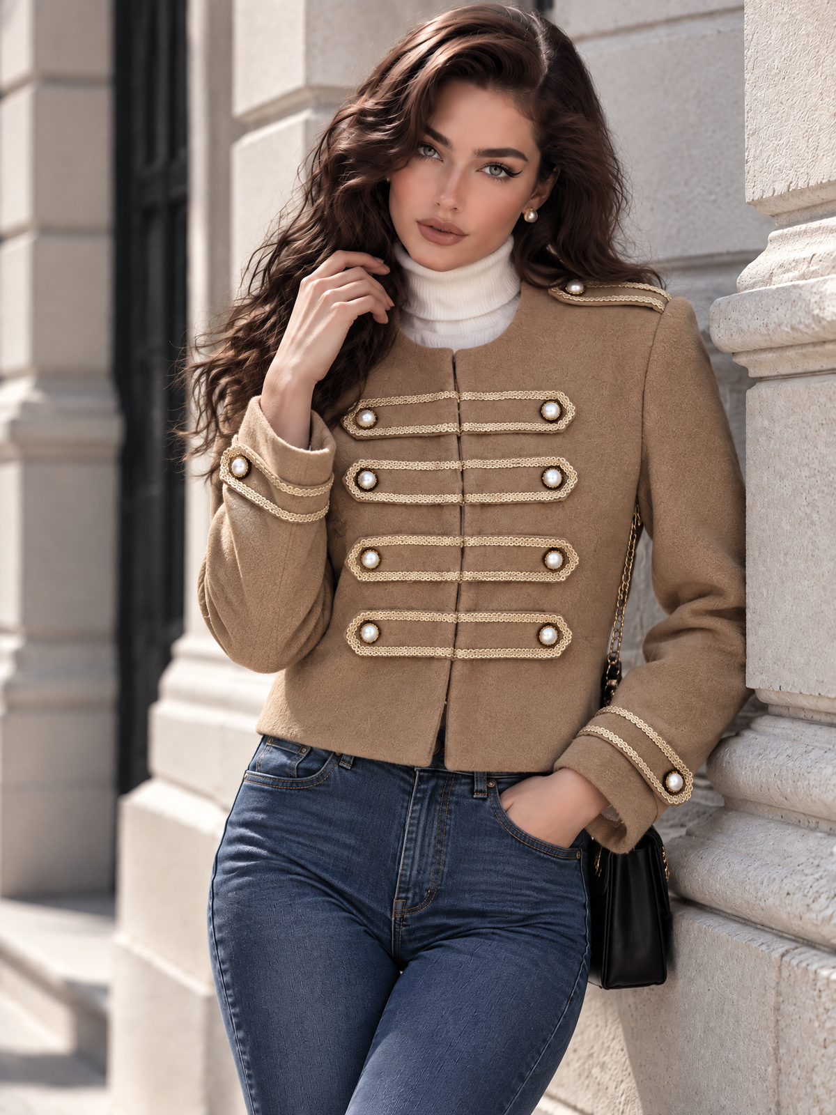 Vintage Double Breasted Epaulet Round Neck Blazer Coat