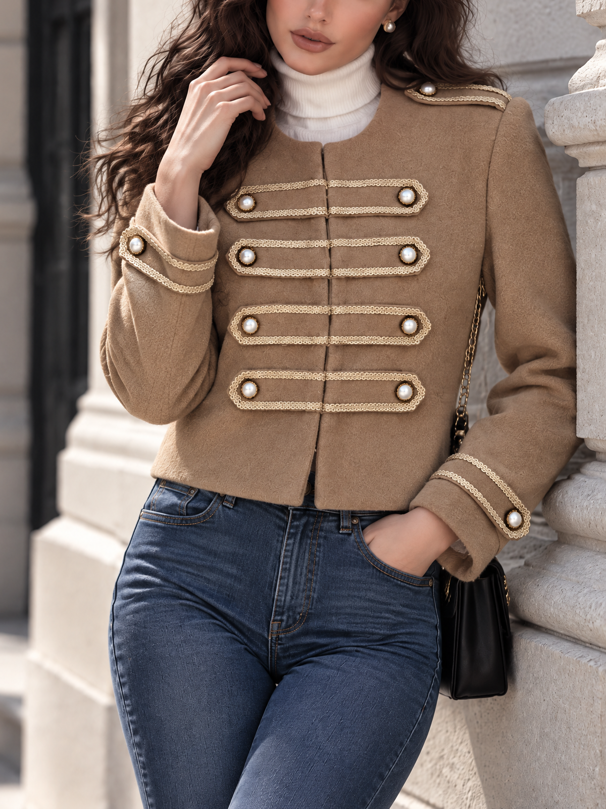 Vintage Double Breasted Epaulet Round Neck Blazer Coat