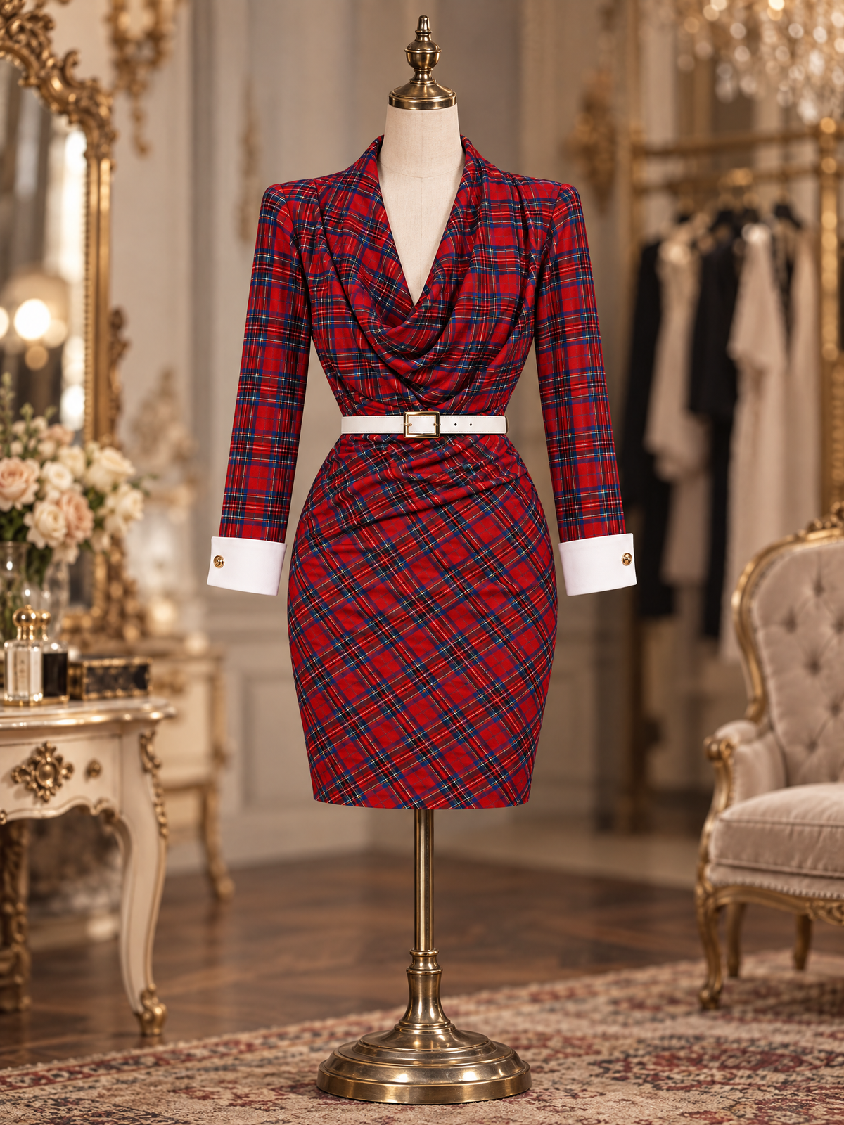 Vintage Red Tartan Cowl Neck Long Sleeve Bodycon Mini Dress