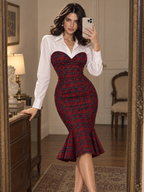 Vintage Red Tartan Collared Shirt Top Mermaid Bodycon Midi Dress
