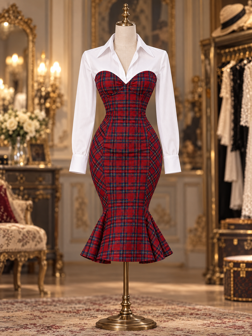 Vintage Red Tartan Collared Shirt Top Mermaid Bodycon Midi Dress