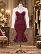 Vintage Red Tartan Collared Shirt Top Mermaid Bodycon Midi Dress