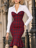 Vintage Red Tartan Collared Shirt Top Mermaid Bodycon Midi Dress