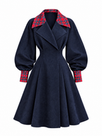 Vintage Navy Tartan Trim Balloon Sleeve Wool Midi Coat Dress