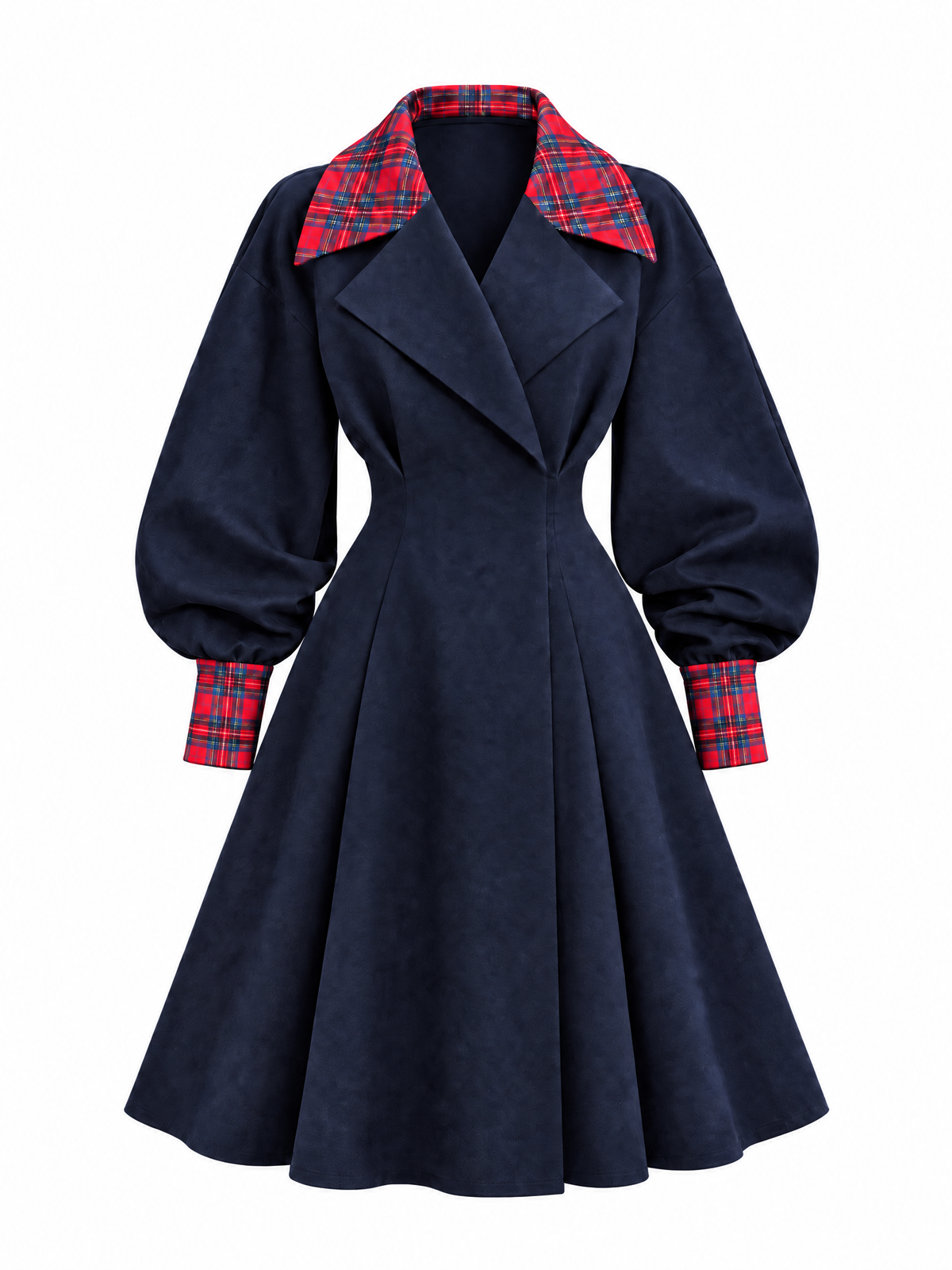 Vintage Navy Tartan Trim Balloon Sleeve Wool Midi Coat Dress