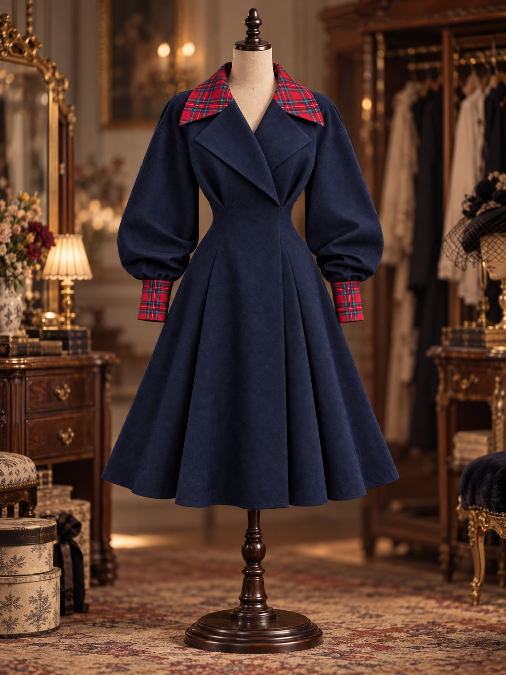 Vintage Navy Tartan Trim Balloon Sleeve Wool Midi Coat Dress