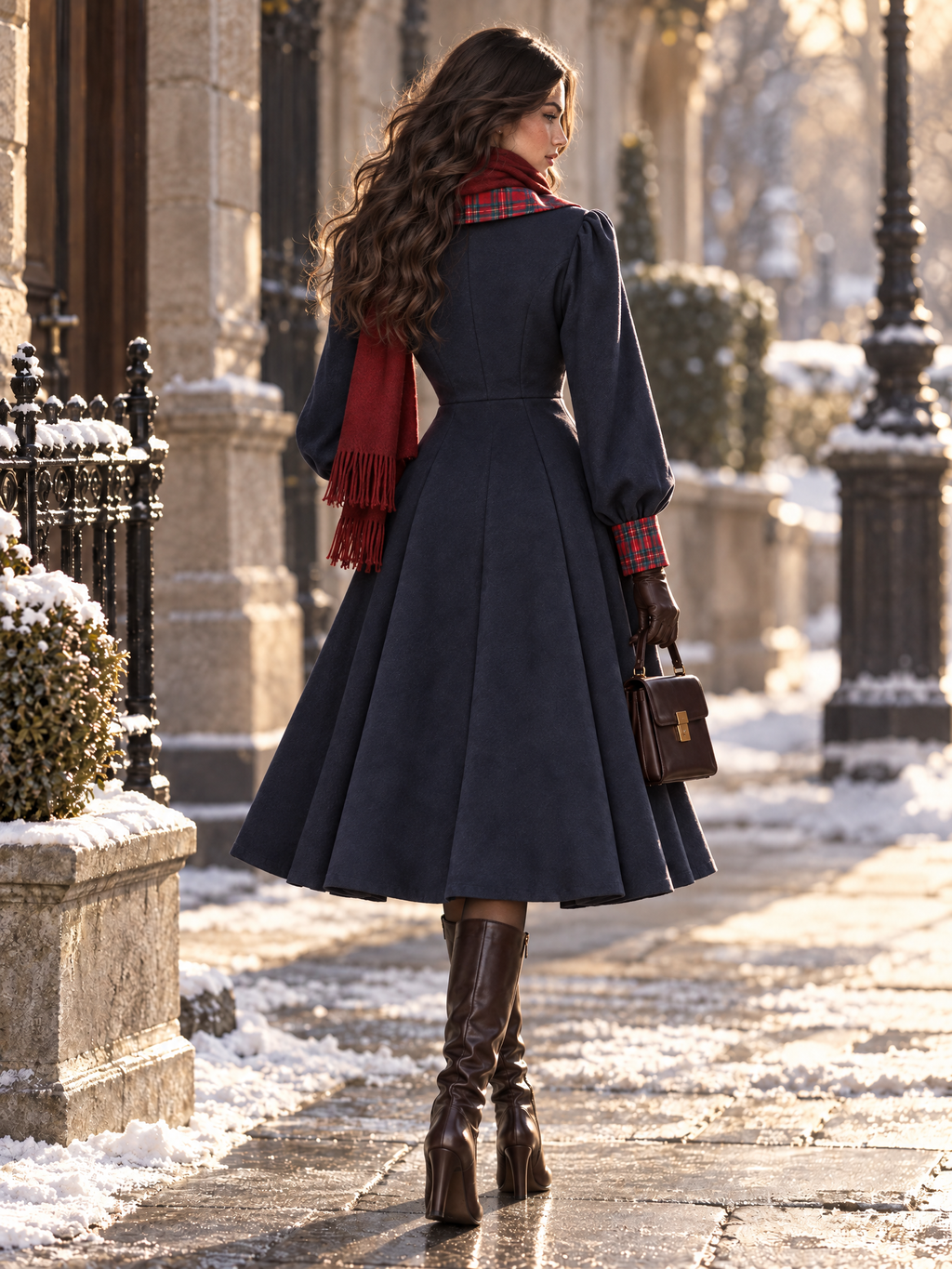 Vintage Navy Tartan Trim Balloon Sleeve Wool Midi Coat Dress