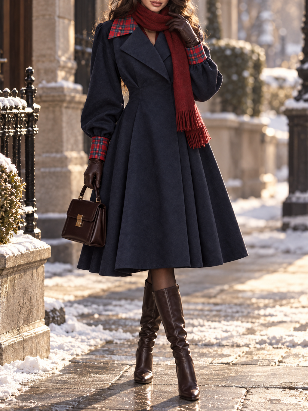 Vintage Navy Tartan Trim Balloon Sleeve Wool Midi Coat Dress
