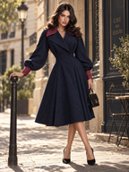 Vintage Navy Tartan Trim Balloon Sleeve Wool Midi Coat Dress