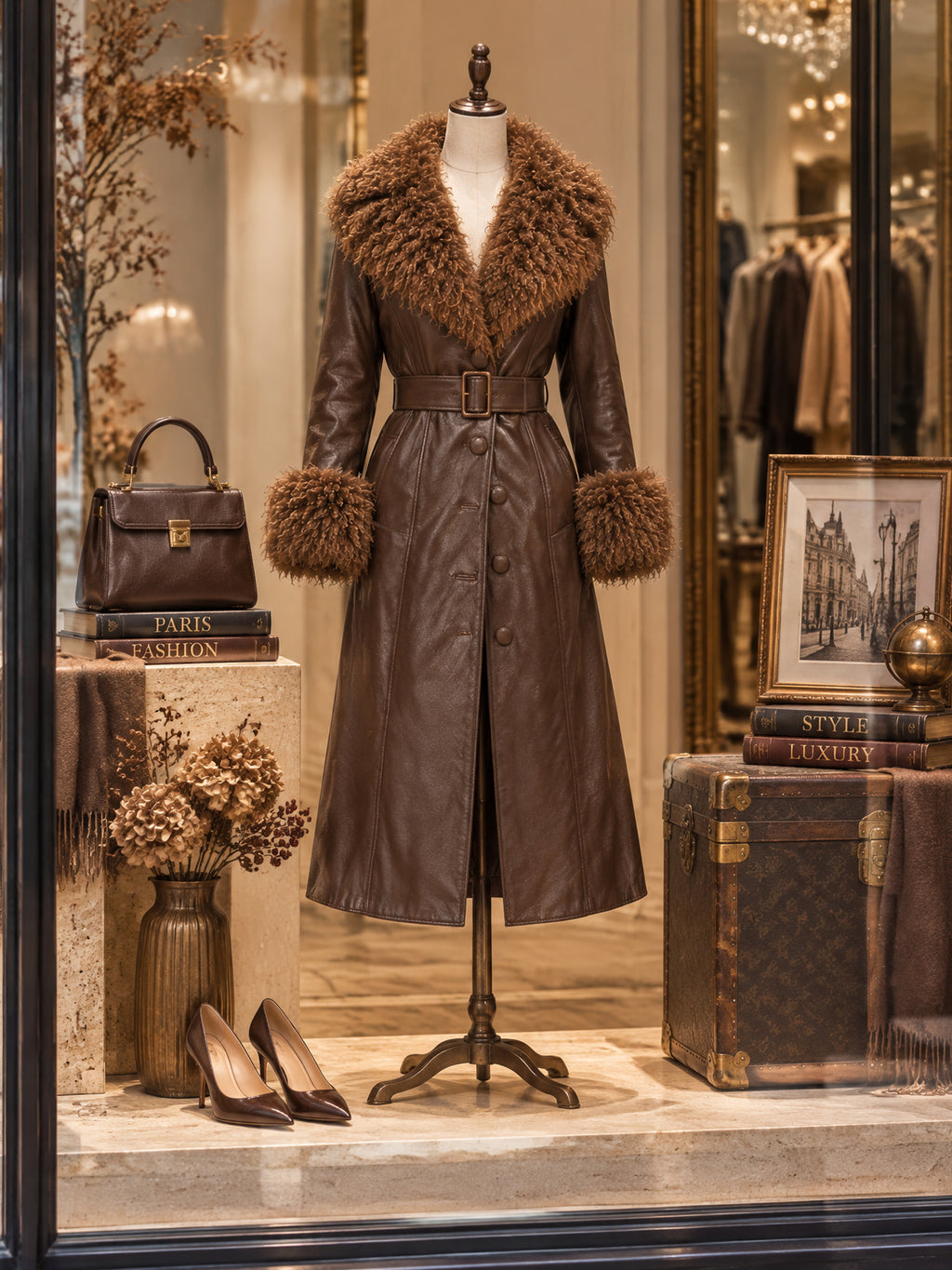 Vintage Faux Fur Collar Belted Leather Trench