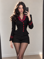 Vintage Wool Blend Black Peplum Blazer Tartan Collar Contrast Trim Coat