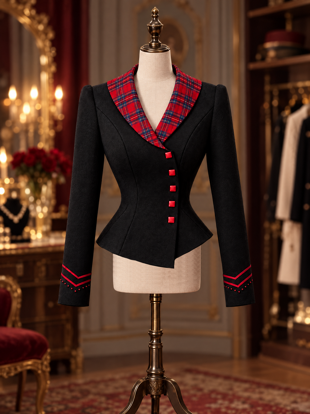 Vintage Wool Blend Black Peplum Blazer Tartan Collar Contrast Trim Coat